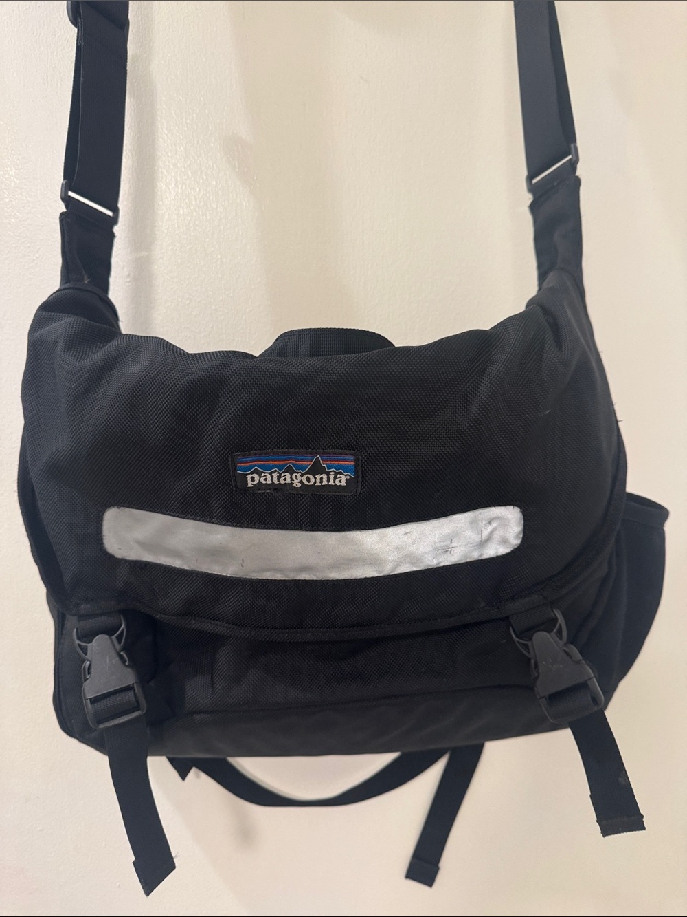 Patagonia Black Messenger Bag with Silver Reflective Strip